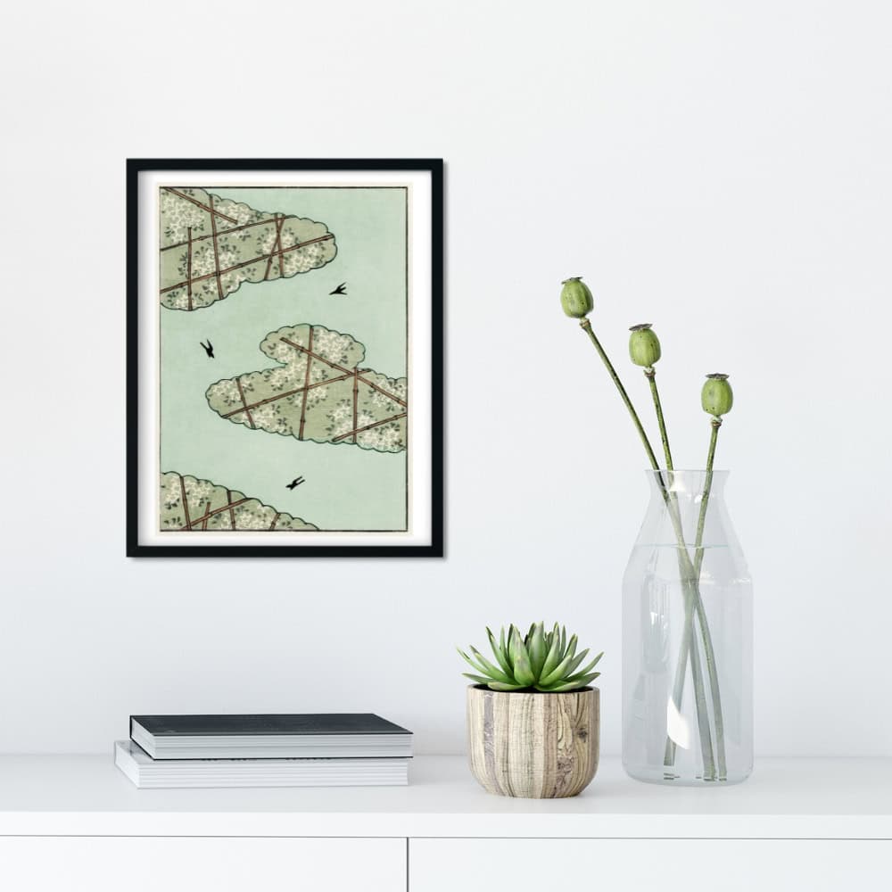 abstract green sky and bird wall art print above sideboard