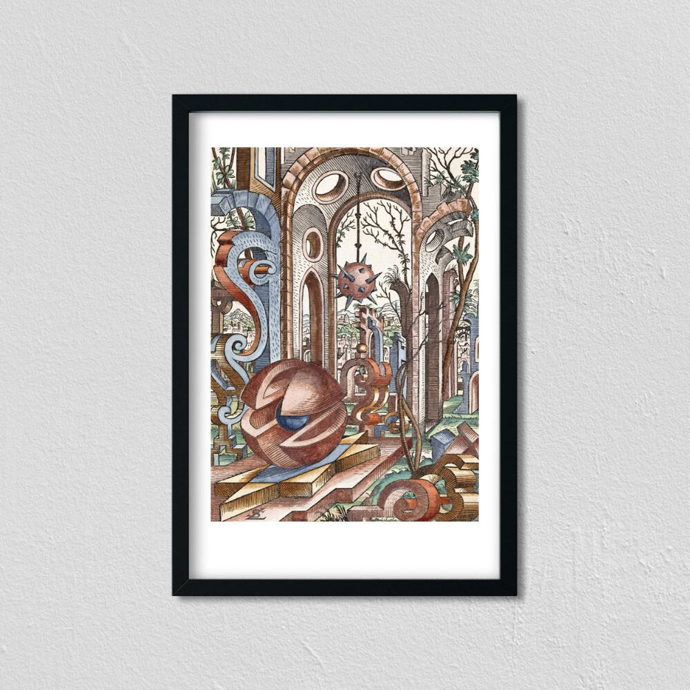 vintage architectural art print of surreal ruins