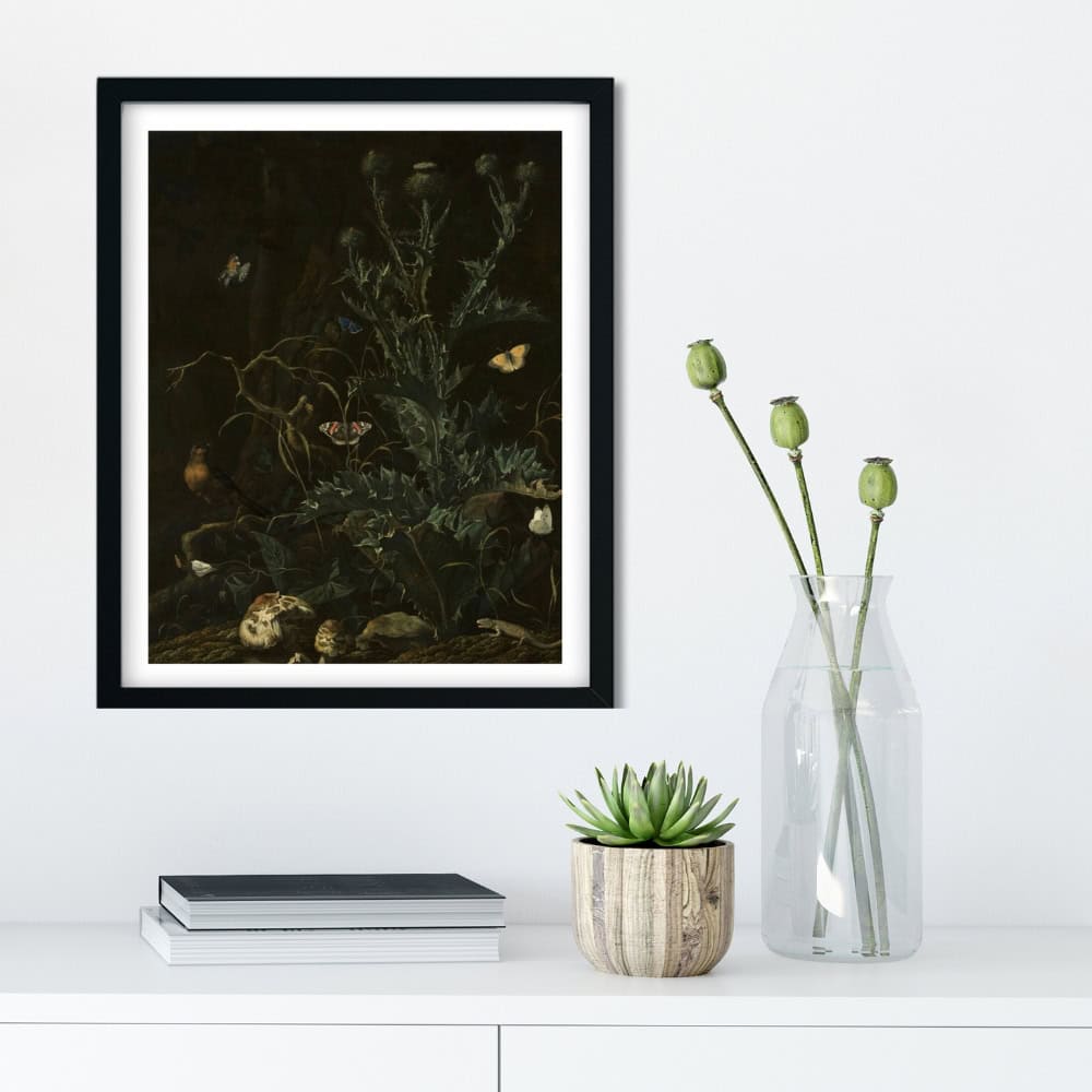dark, moody, black vintage art print of flora with a few insects and creatures around